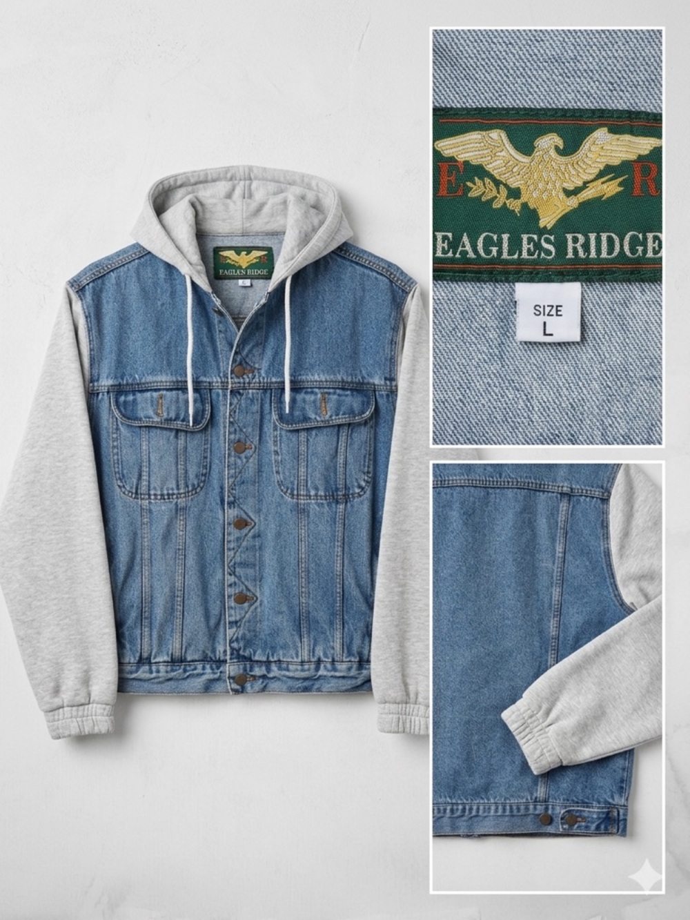 Light Blue Denim Bomber Jacket with Gray Hoodie - Picture 2 of 7